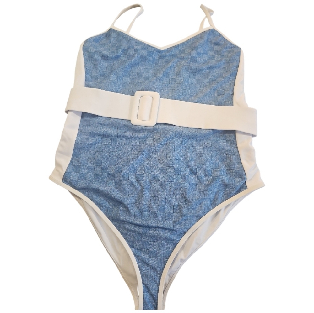 NWT Beach Riot Harmony Belted One Piece Swimsuit Denim Daze Blue sz L - Picture 5 of 7